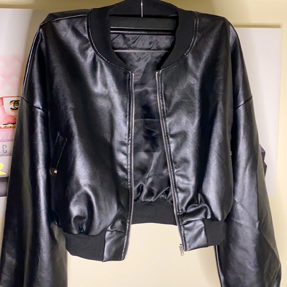 Black faux leather crop jacket